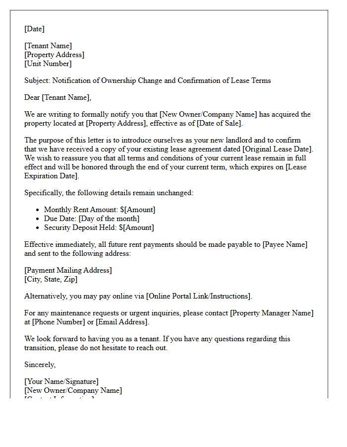 New Property Owner Letter Confirming Existing Lease Terms