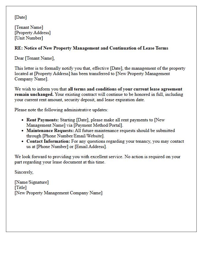 Notice Letter of Unchanged Lease Terms Under New Property Management