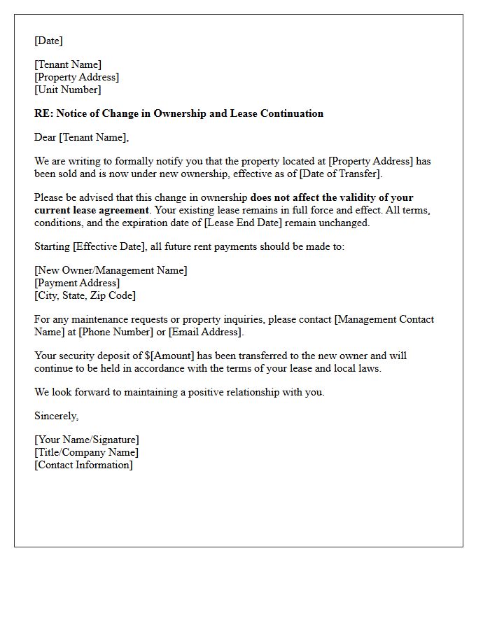Property Management Letter Regarding Continuation of Lease Under New Ownership