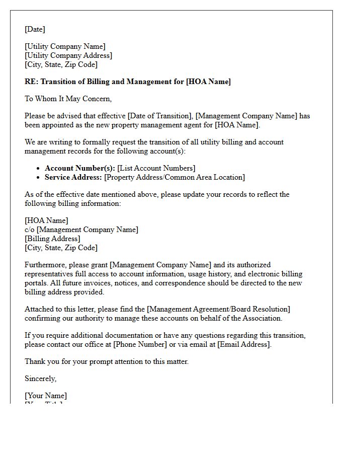 Homeowners Association Property Management Utility Transition Letter