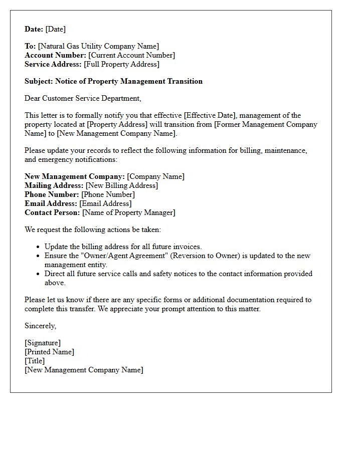 Natural Gas Service Property Management Transition Notification Letter