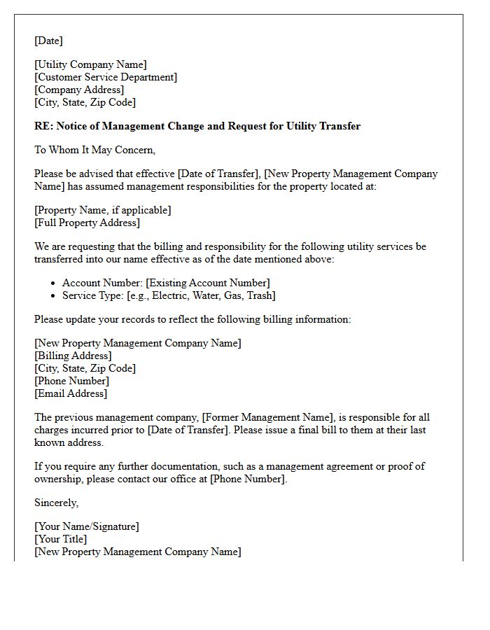 New Property Management Assumption of Utility Services Letter