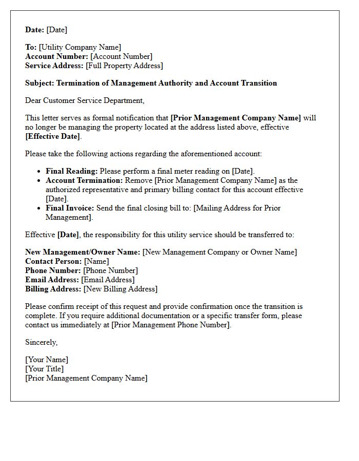 Prior Management Utility Account Termination and Transition Letter