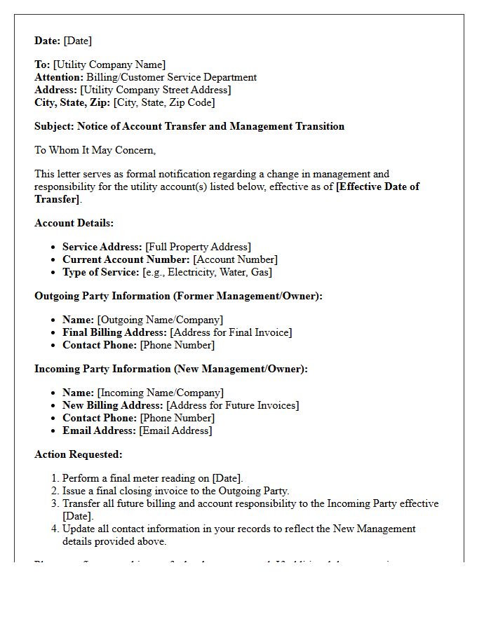 Utility Billing Account Transfer and Management Transition Letter