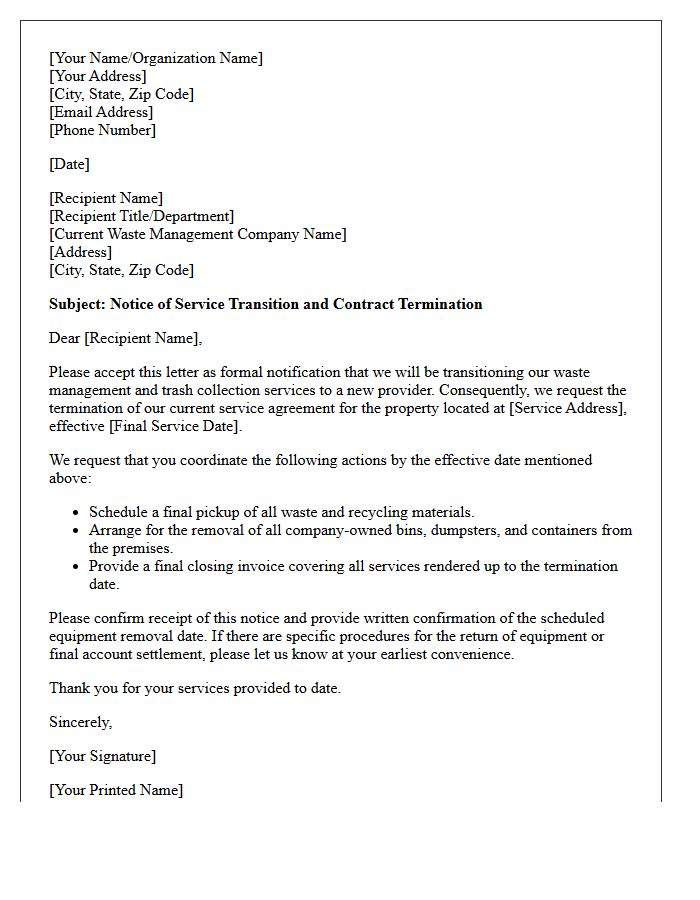 Waste Management and Trash Collection Transition Request Letter