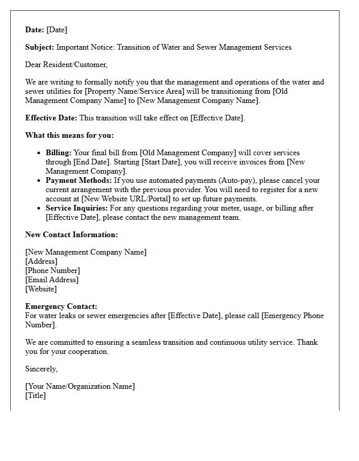 Water and Sewer Utility Provider Management Transition Letter