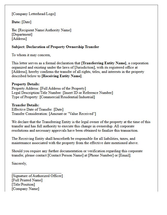 Corporate Entity Property Ownership Transfer Declaration Letter