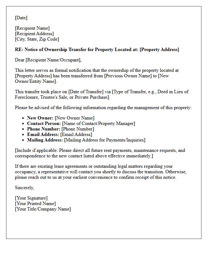 Letter of Notification Regarding Distressed Property Ownership Transfer