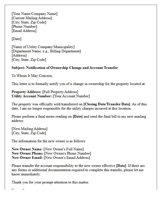 Letter of Ownership Change for Municipal Utility Account Transfer