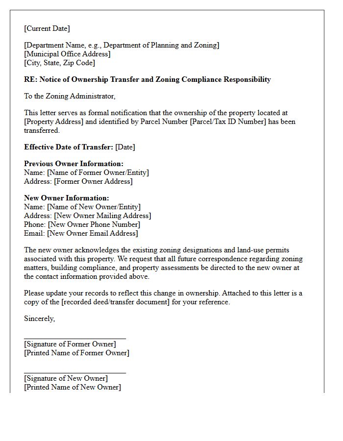 Letter of Ownership Transfer for Municipal Zoning and Compliance