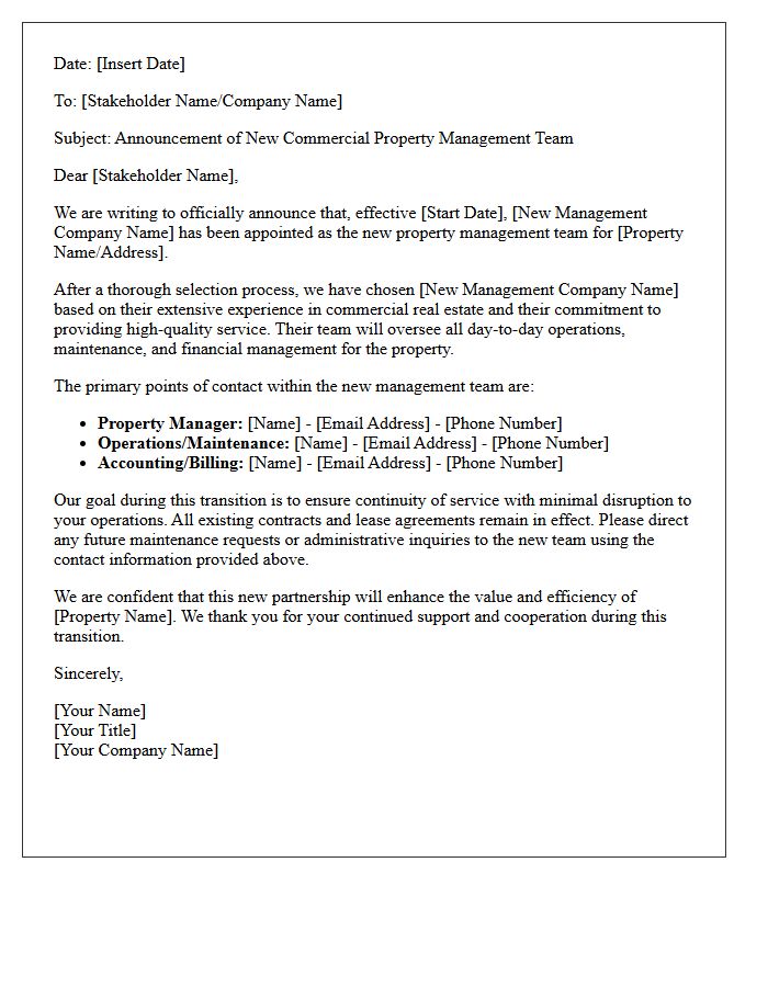 Stakeholder Letter Announcing the New Commercial Property Management Team