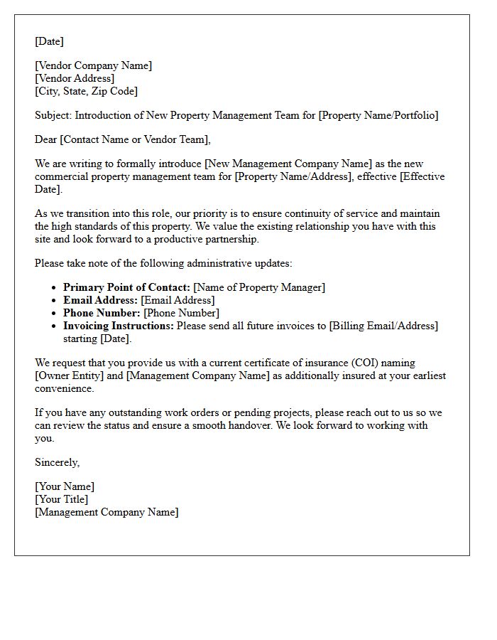 Vendor Partnership Letter Introducing the New Commercial Property Management Team