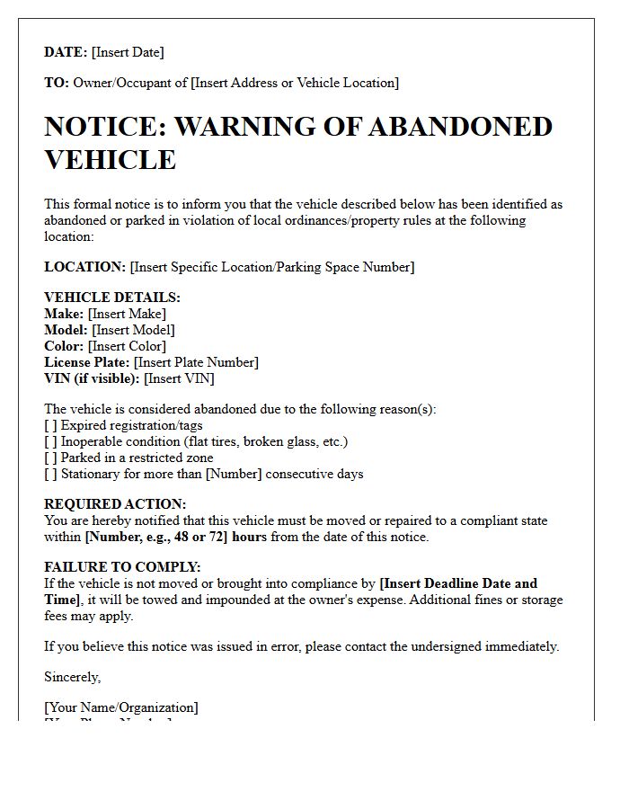 Abandoned Vehicle Notice Warning Letter