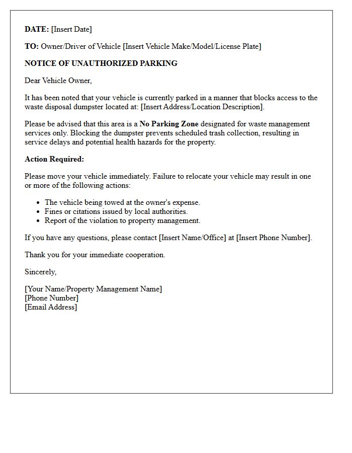 Blocking Dumpster Unauthorized Parking Letter