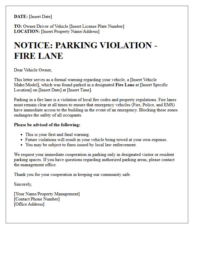 Fire Lane Unauthorized Parking Warning Letter