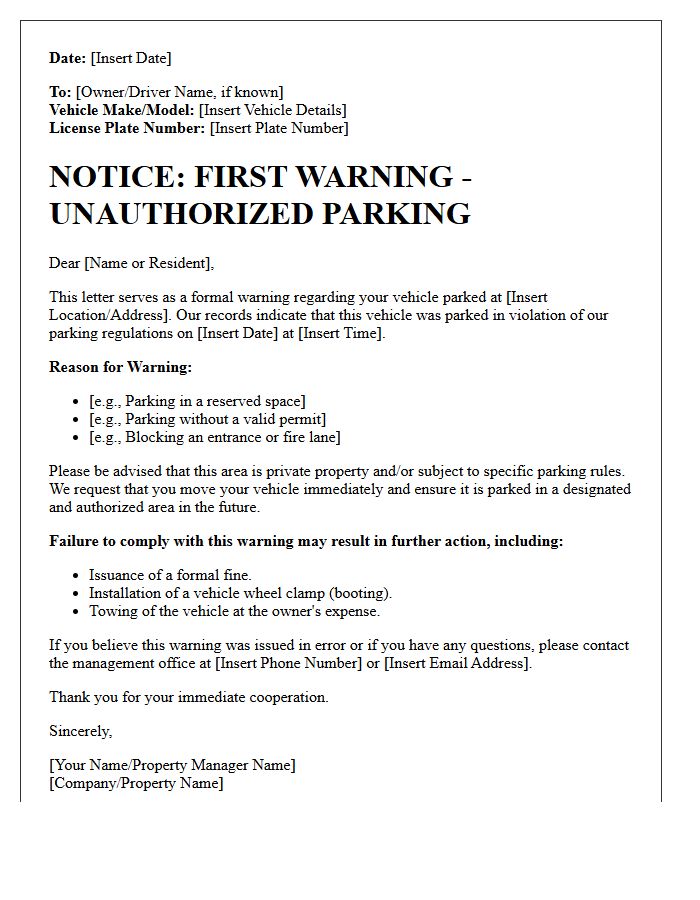First Warning Letter for Unauthorized Parking