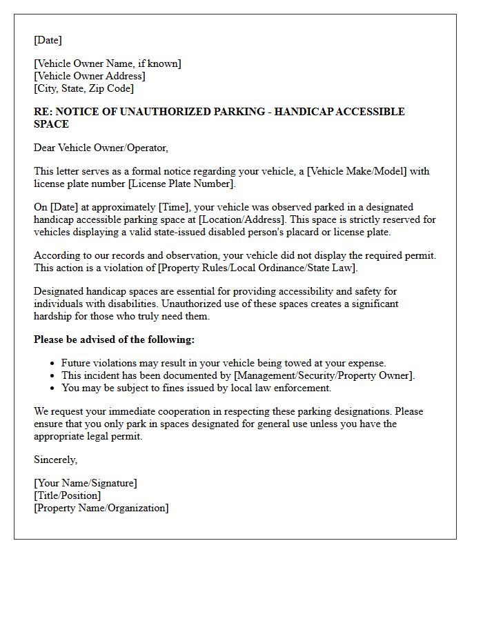 Handicap Space Unauthorized Parking Letter