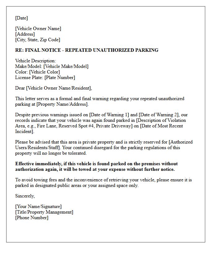 Repeat Offender Unauthorized Parking Letter