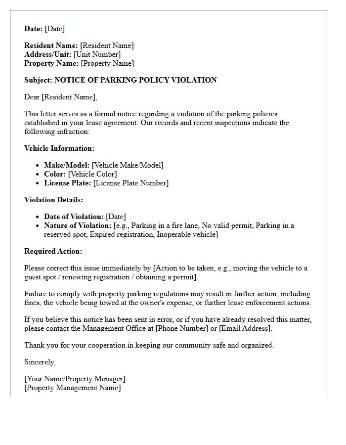 Resident Parking Policy Violation Letter