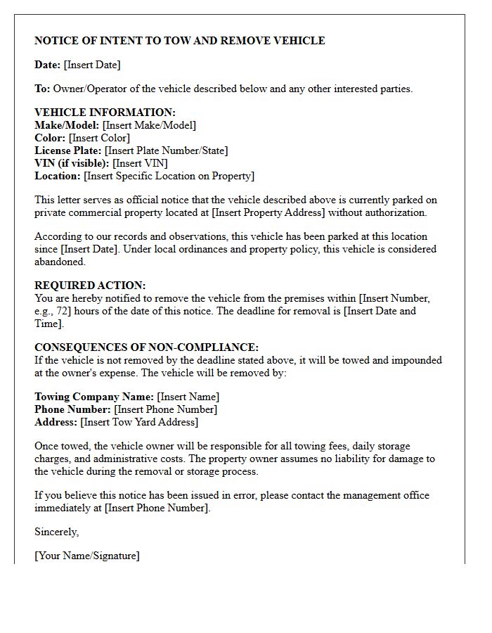 Commercial Property Abandoned Vehicle Removal Letter