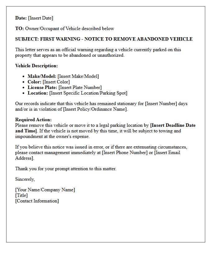 First Warning Abandoned Vehicle Removal Letter