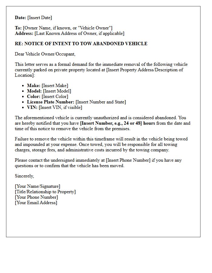 Immediate Abandoned Vehicle Removal Demand Letter