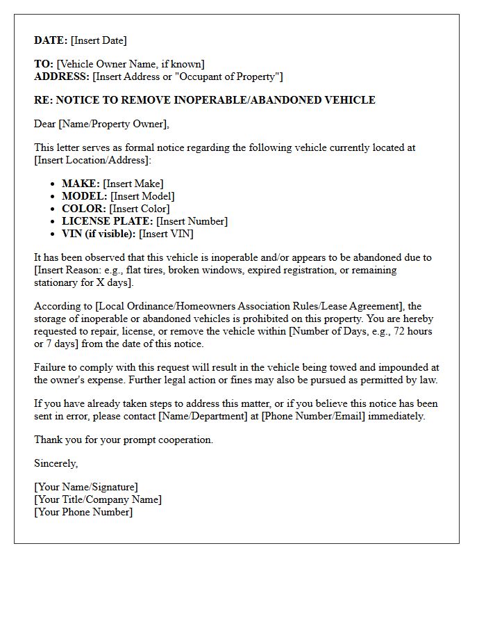 Inoperable Abandoned Vehicle Removal Letter