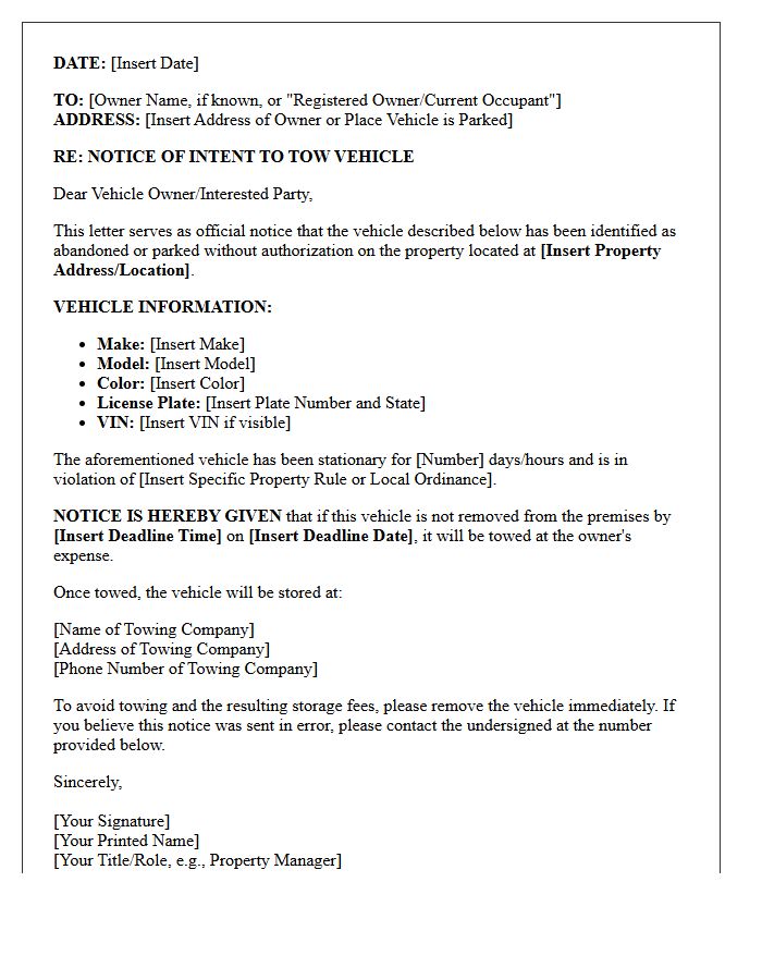 Intent to Tow Abandoned Vehicle Letter