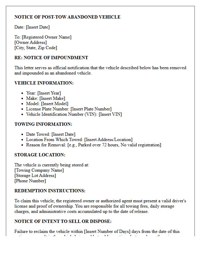 Post-Tow Abandoned Vehicle Notification Letter