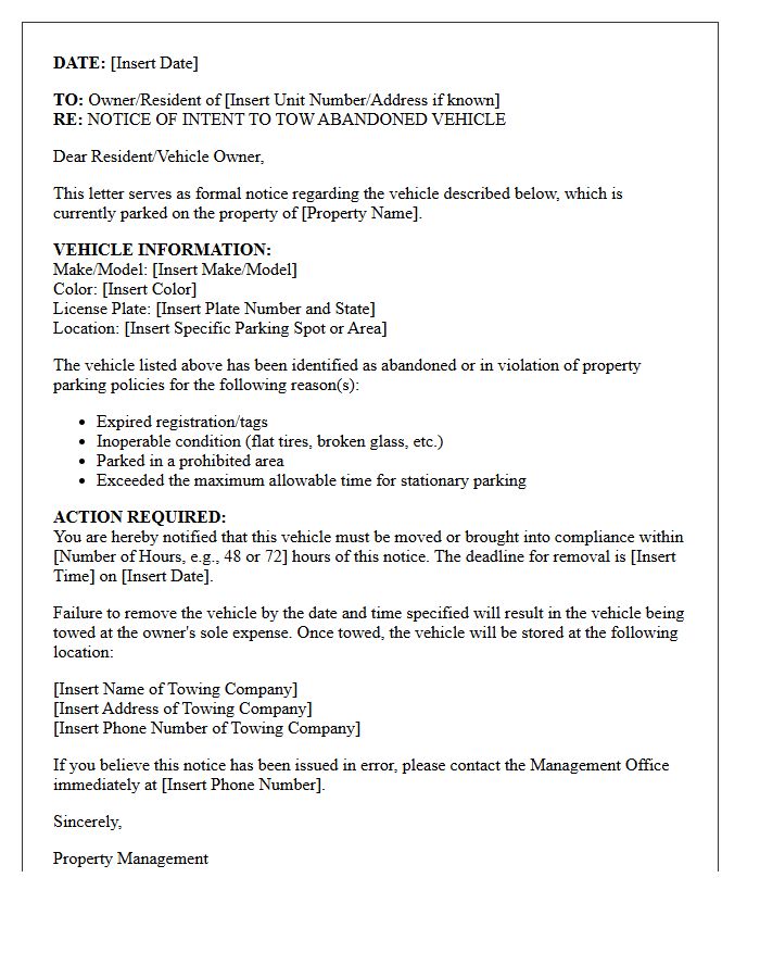 Property Management Abandoned Vehicle Removal Letter