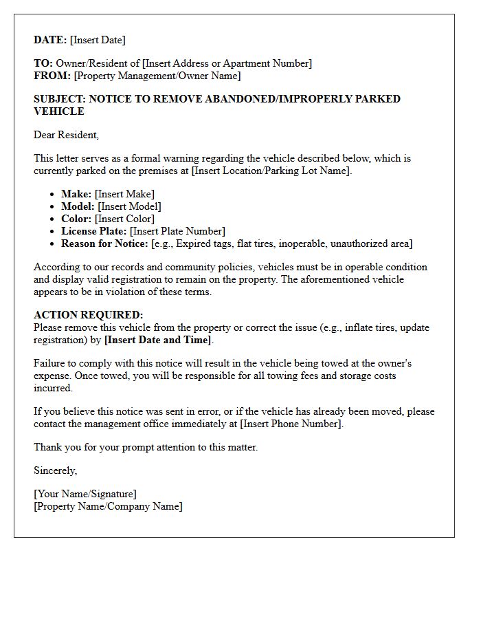 Resident Abandoned Vehicle Removal Warning Letter