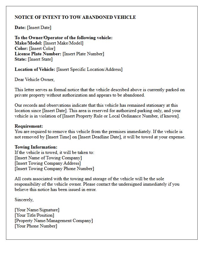 Unauthorized Parking Abandoned Vehicle Letter