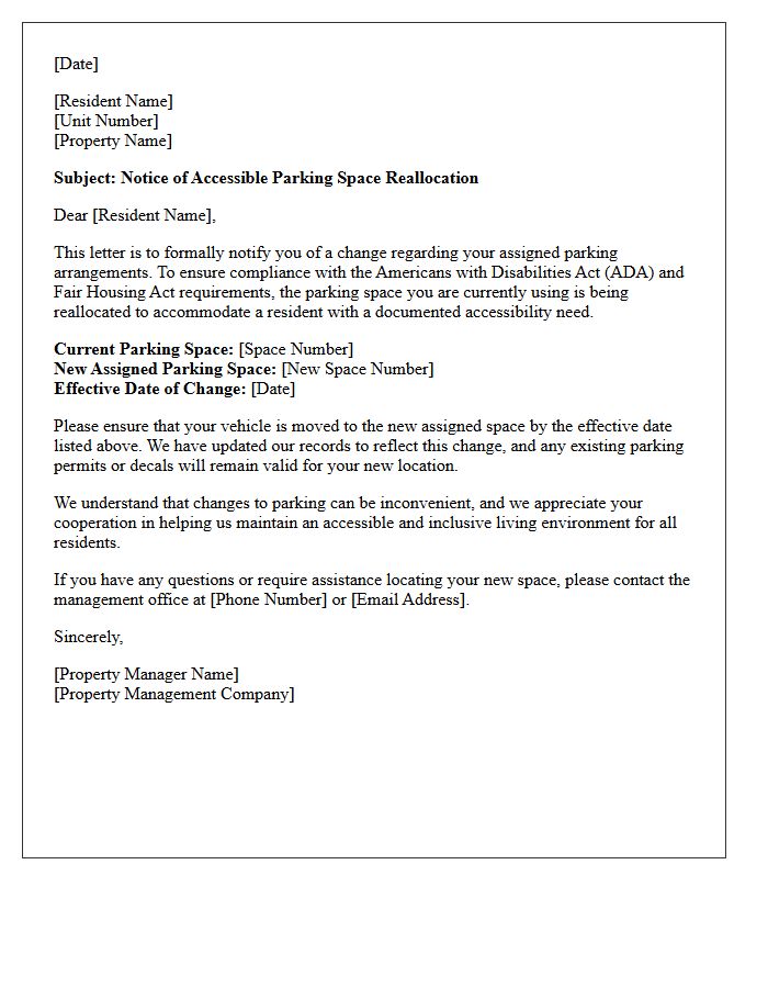 Accessible Accommodation Assigned Parking Space Reallocation Notice Letter