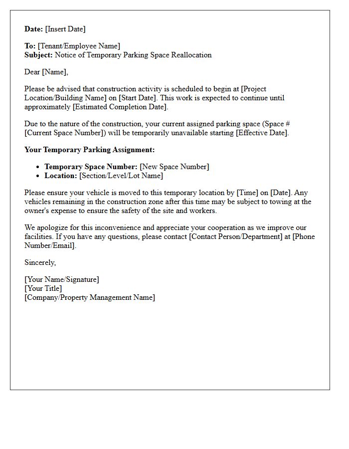 Construction Phase Assigned Parking Space Reallocation Notice Letter