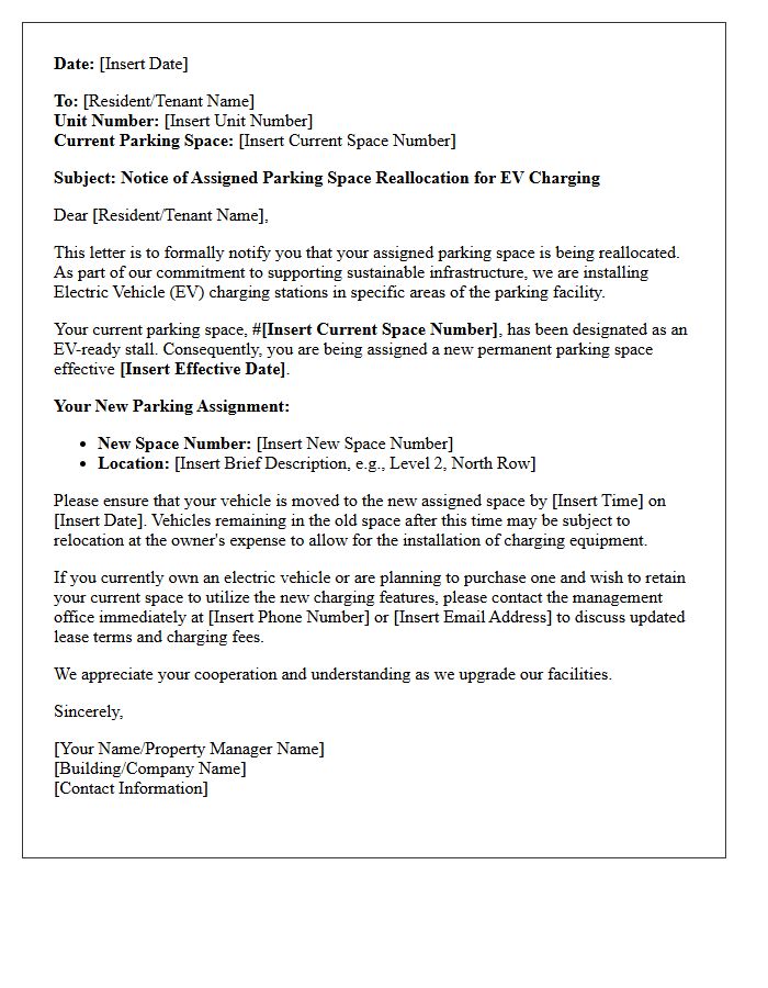 Electric Vehicle Charging Assigned Parking Space Reallocation Notice Letter