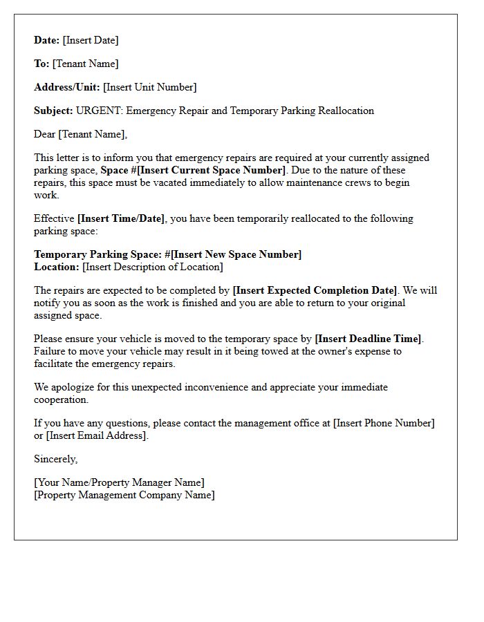 Emergency Repair Assigned Parking Space Reallocation Notice Letter
