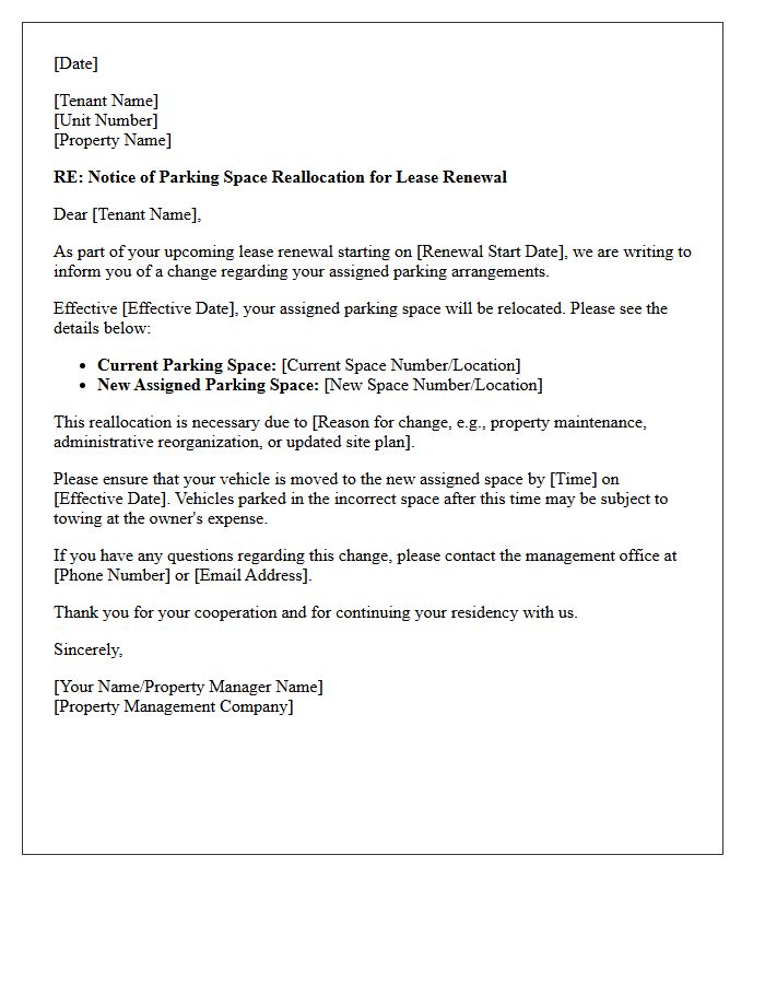 Lease Renewal Assigned Parking Space Reallocation Notice Letter
