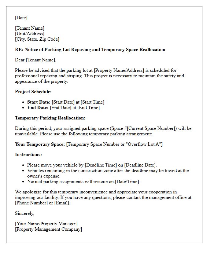 Lot Repaving Assigned Parking Space Reallocation Notice Letter
