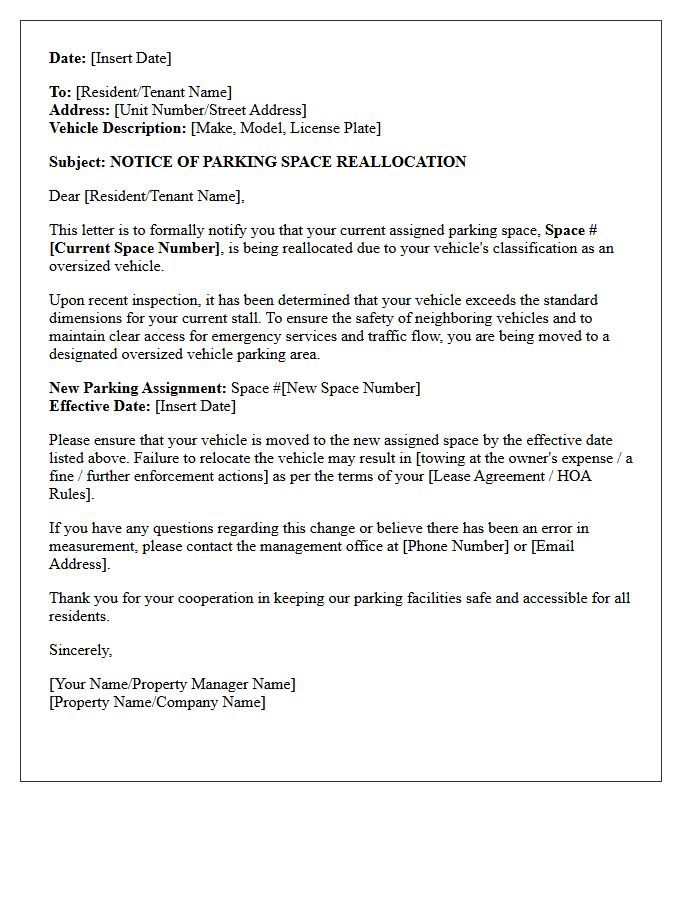 Oversized Vehicle Assigned Parking Space Reallocation Notice Letter