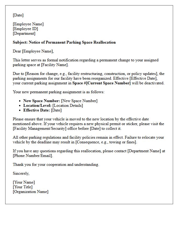 Permanent Facility Assigned Parking Space Reallocation Notice Letter