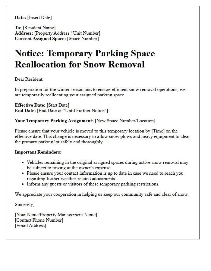 Snow Removal Assigned Parking Space Reallocation Notice Letter