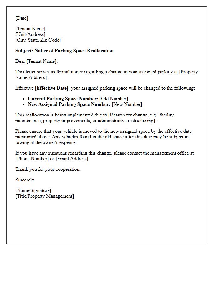Standard Assigned Parking Space Reallocation Notice Letter