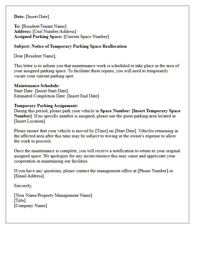 Temporary Maintenance Assigned Parking Space Reallocation Notice Letter