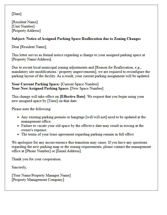 Zoning Change Assigned Parking Space Reallocation Notice Letter