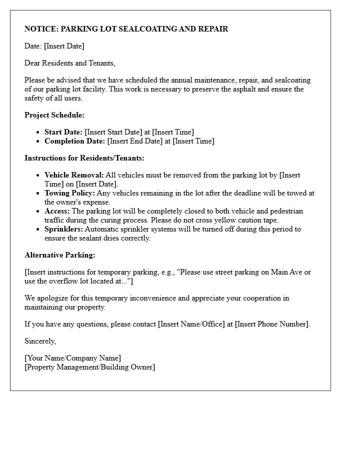 Annual Parking Lot Sealcoating and Repair Letter