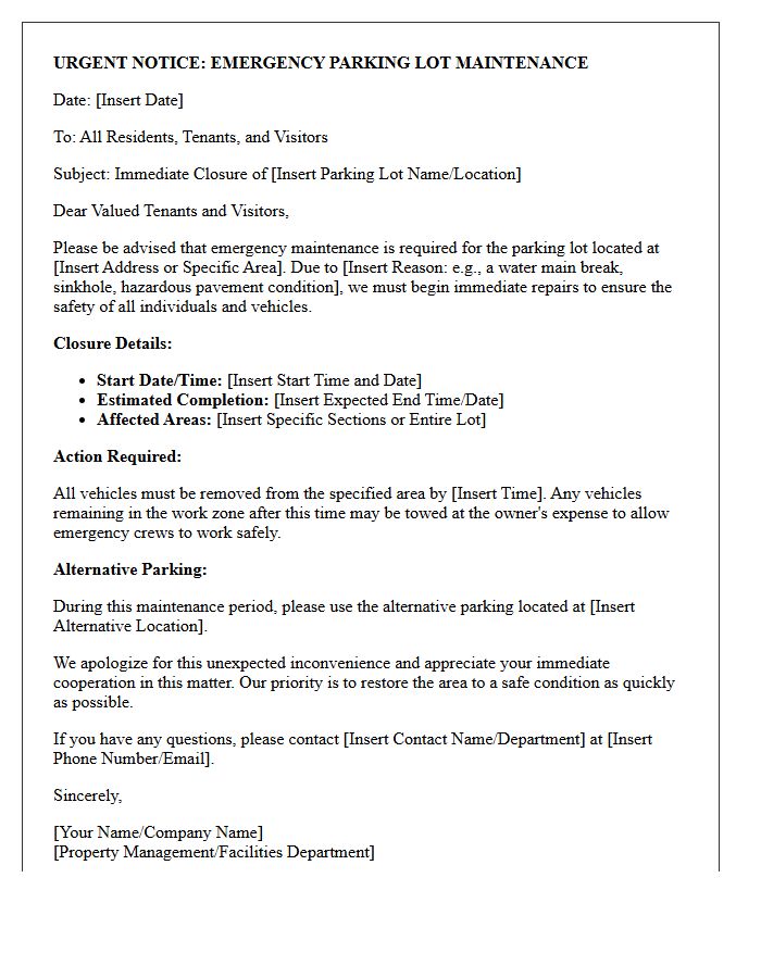 Emergency Parking Lot Maintenance Advisory Letter