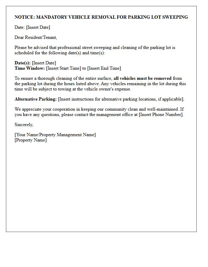 Mandatory Vehicle Removal for Parking Lot Sweeping Letter