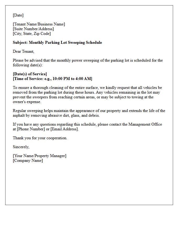Monthly Parking Lot Sweeping Schedule Letter