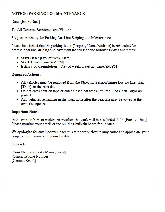 Parking Lot Line Striping Advisory Letter