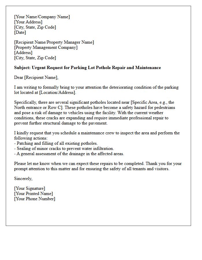 Parking Lot Pothole Repair and Maintenance Letter
